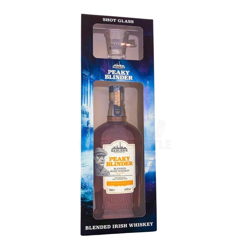 40%, Shotglas € Irish Box und Peaky Whiskey 700ml + Bourbon Cask Blinders 22,59